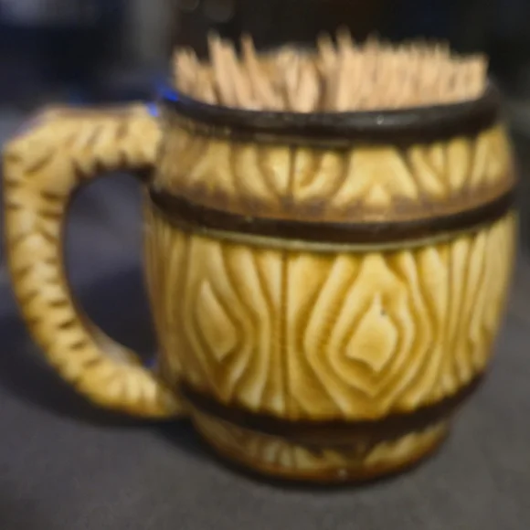 Japan Vintage Ceramic Barrel Toothpick Holder MCM Faux Wood Grain Brown Tan Mini - Picture 2 of 9